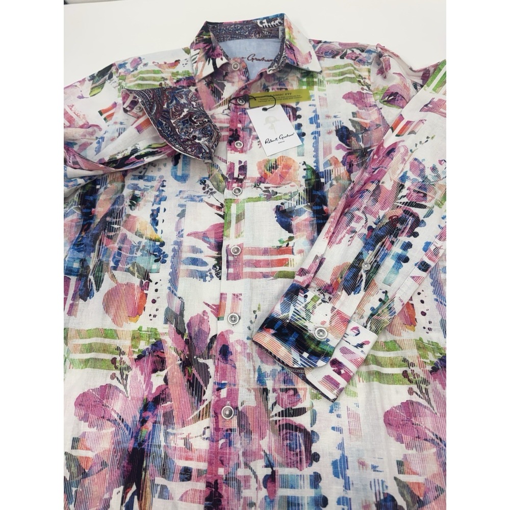 NWT‎ Robert Graham CALDWELLS Linen Cotton Blend Watercolor Button Shirt XS $198